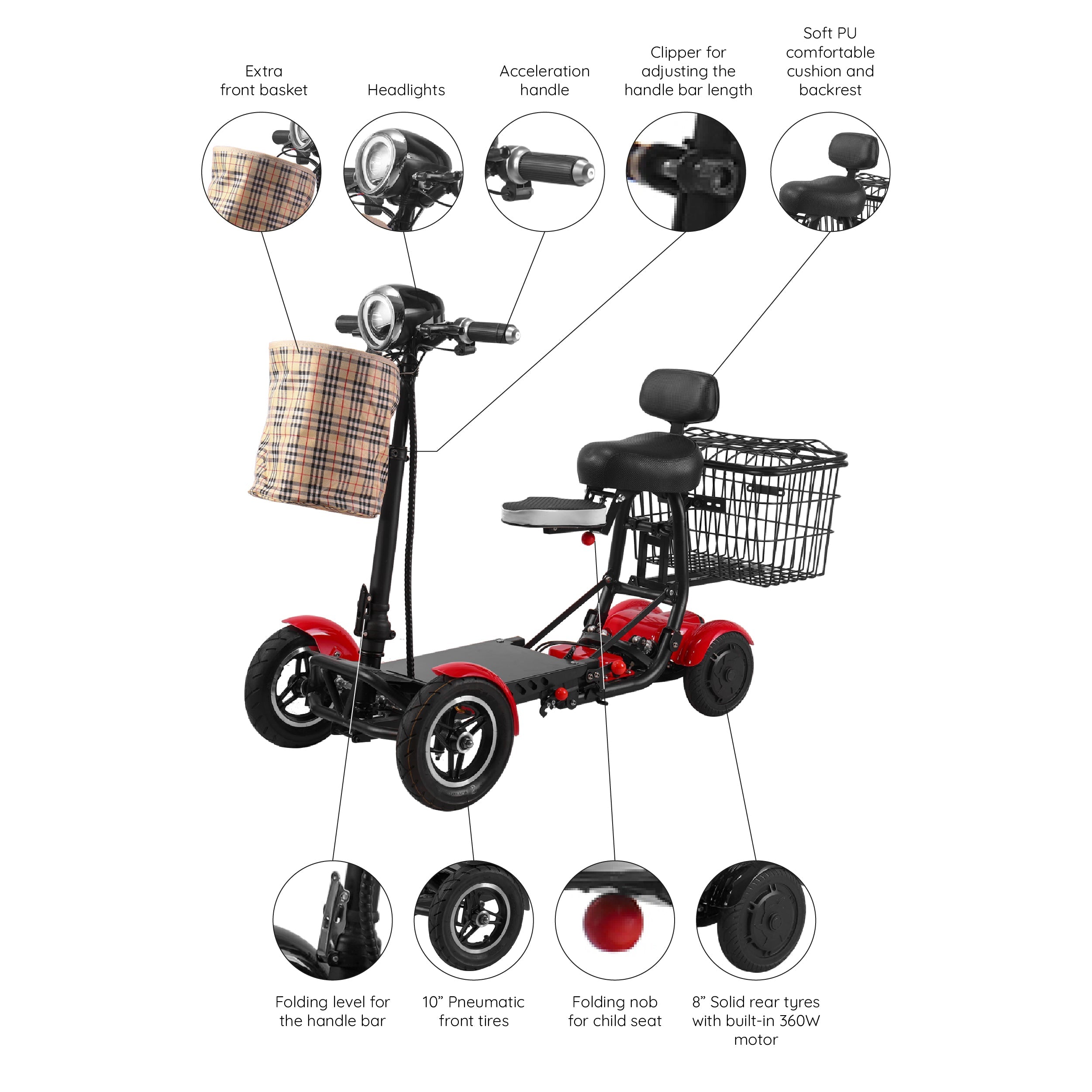 4 Wheel Electric Battery Power Scooter, Foldable Lightweight FDA Approved