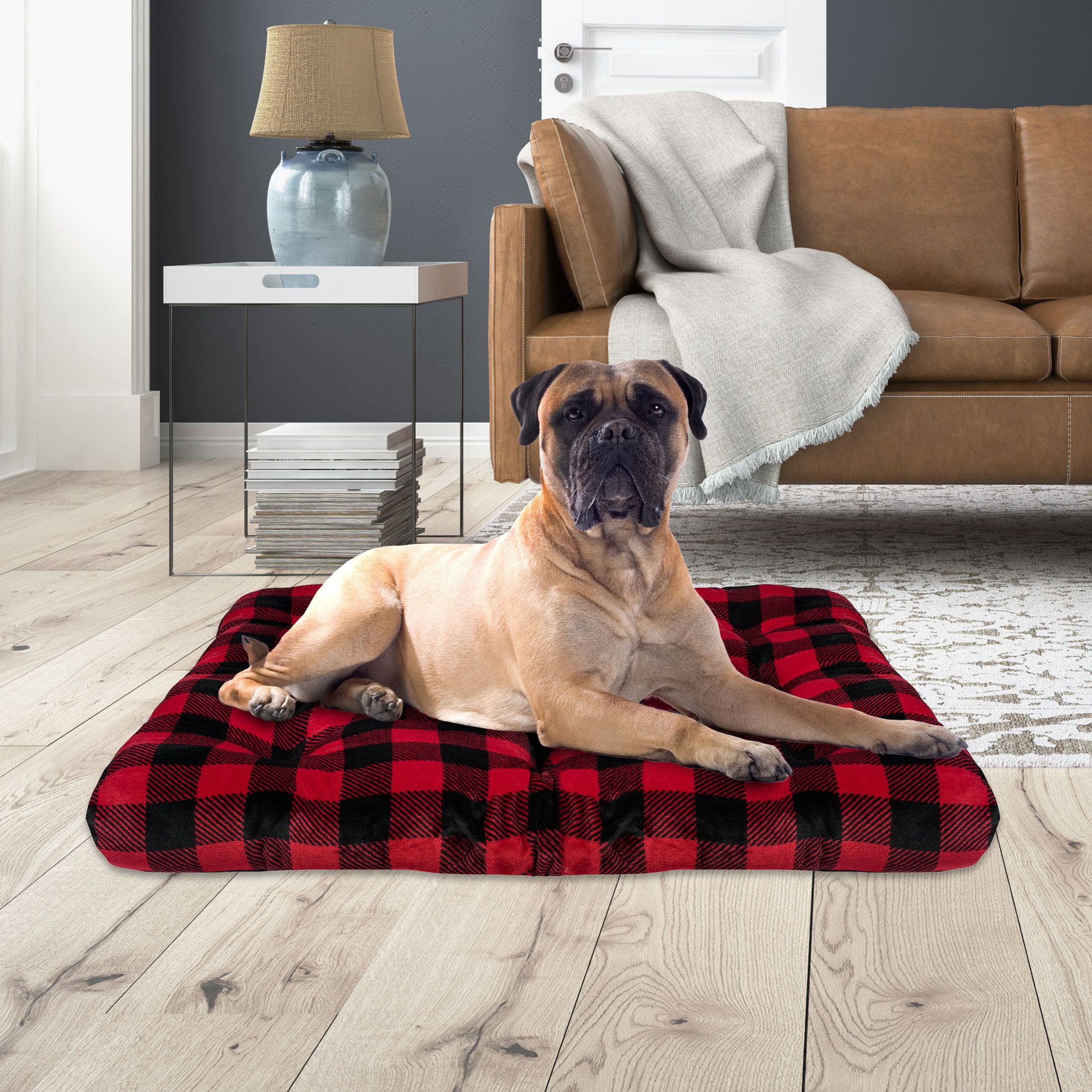 Vibrant Life Extra Large Dog Bed, Plush Tufted Red Buffalo Plaid