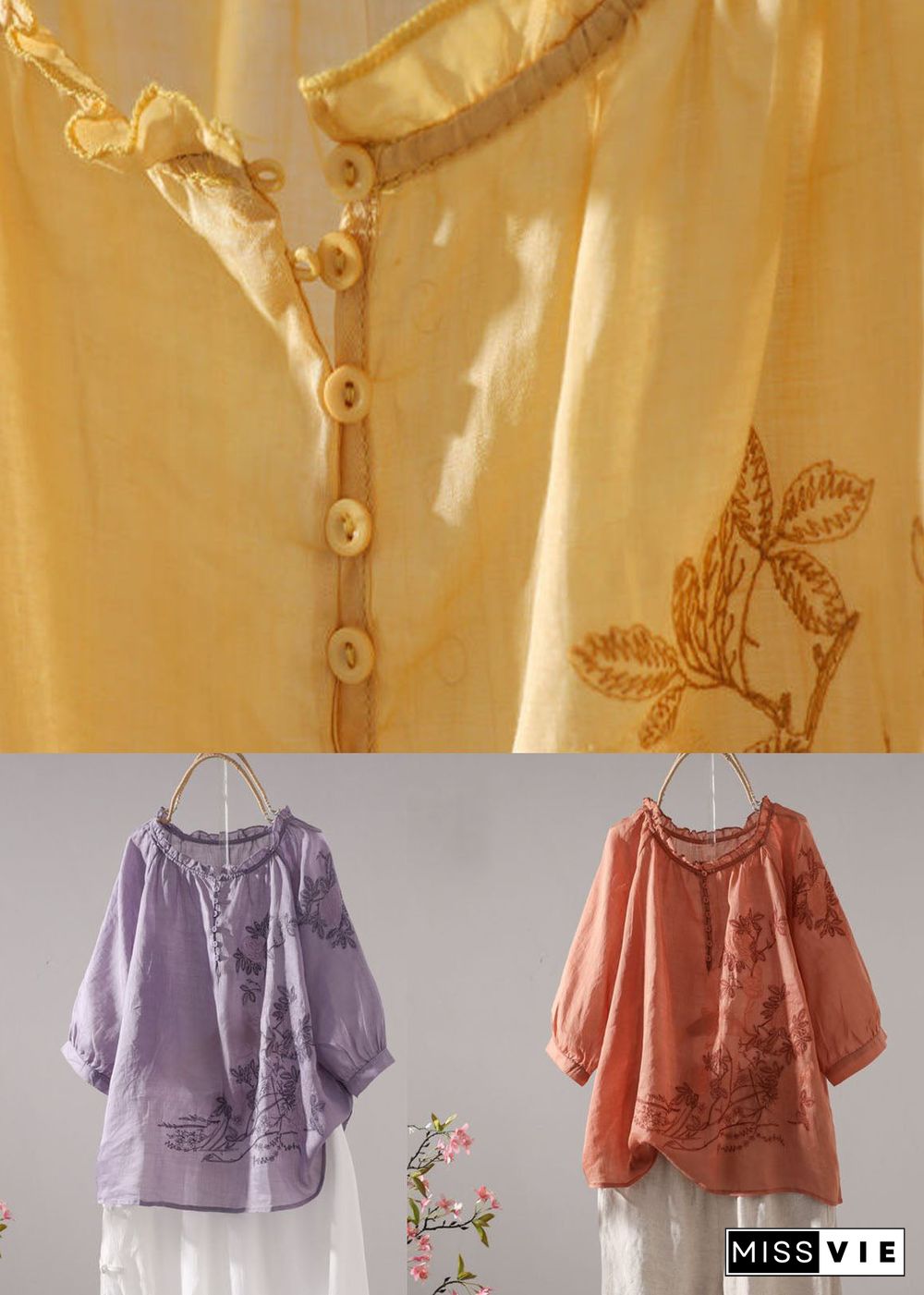 Orange Patchwork Linen T Shirt Embroideried O-Neck Half Sleeve