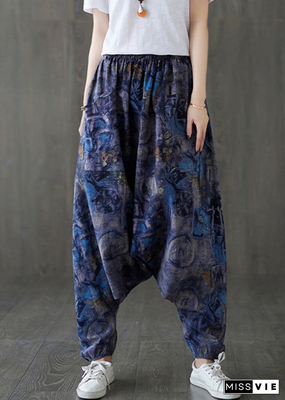 Blue Elastic Waist Loose Lantern Pants Summer