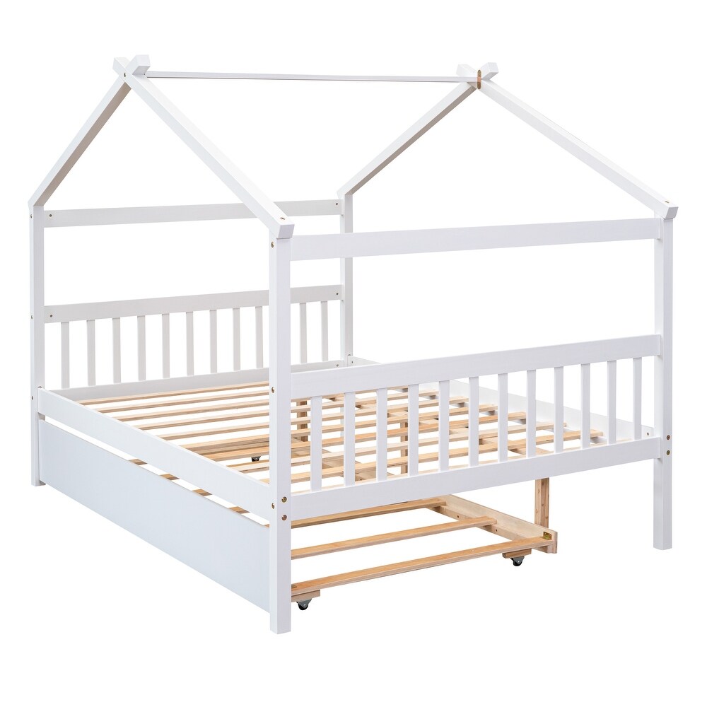 Full House Bed with Trundle  Kids Playhouse Platform Bed Frame with Storage Shelves  Montessori Be for Kids Girls Boys  White