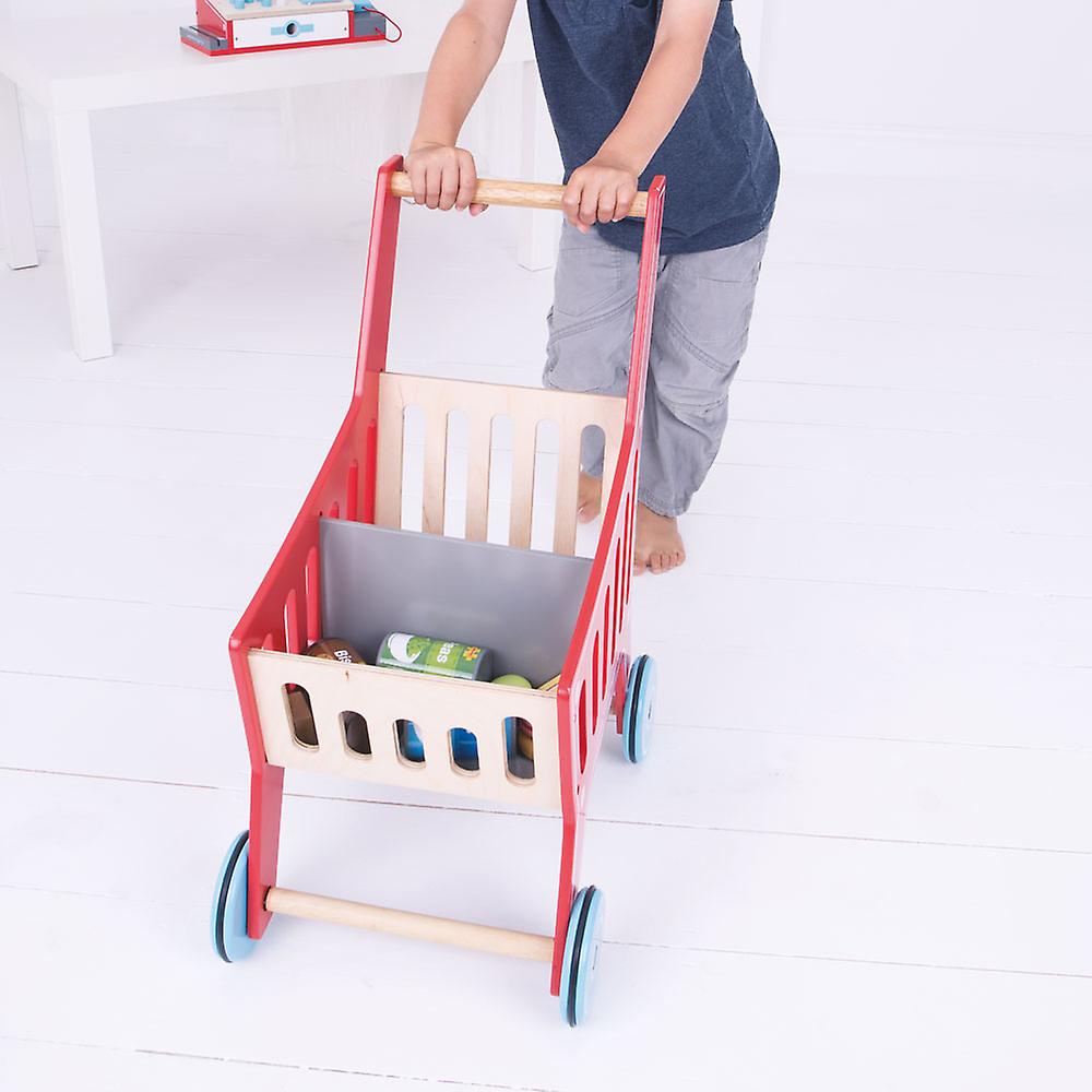 Bigjigs Toys Wooden Supermarket Shopping Trolley Pretend Role Play Cart Shop