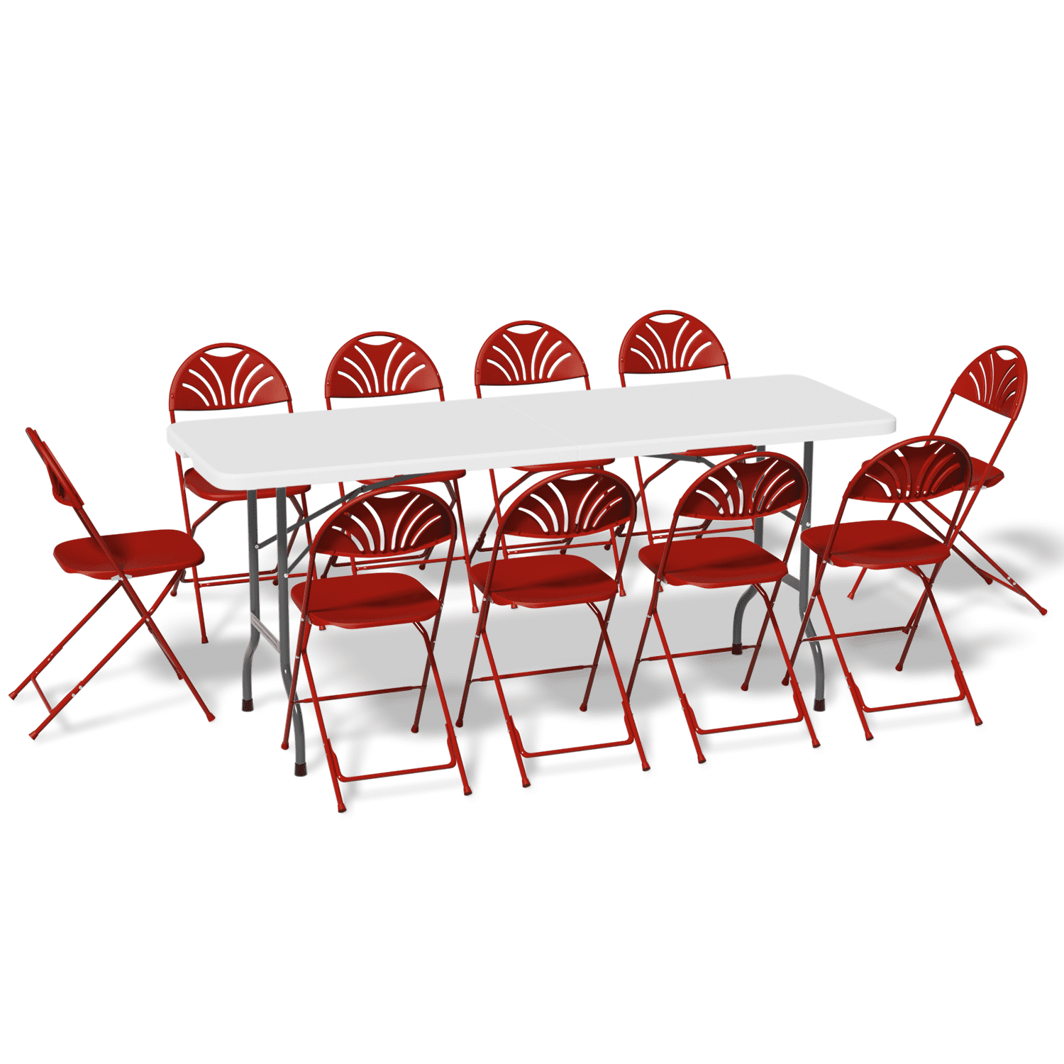 MoNiBloom 11 Pieces 6 Ft White Portable Foldable Plastic Card Table w/Handle and 10 Red Chair Set， Fold in Half Picnic Desk