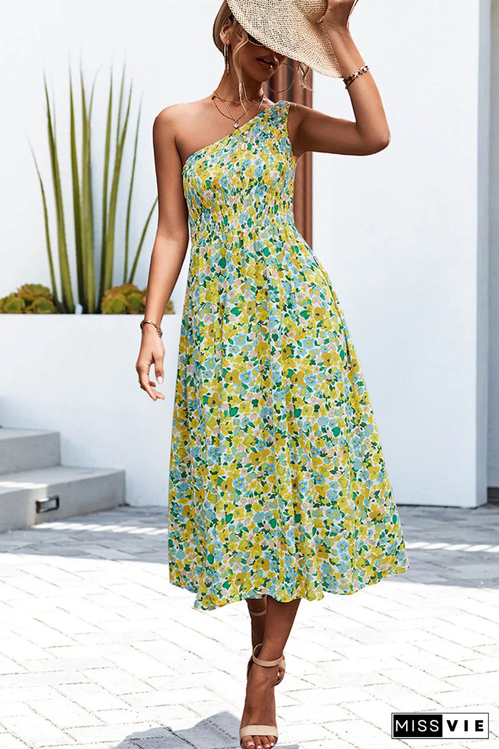 One SHoulder Flower Print Long Dress