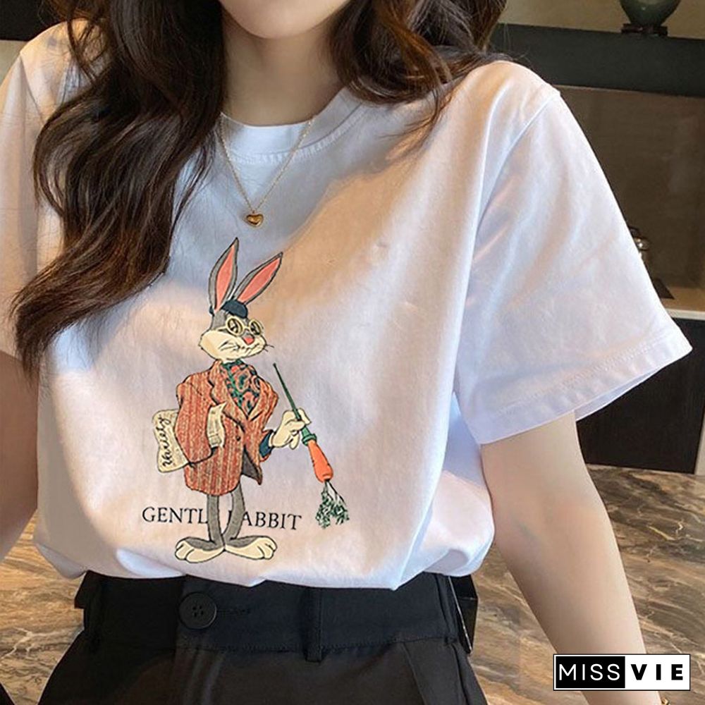 Cartoon Letter Print Round Collar Loose T-Shirt