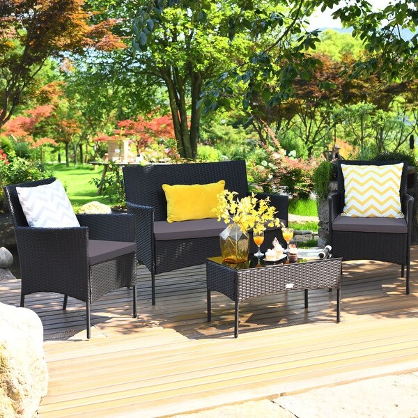 4 Pcs Patio Rattan Cushioned Sofa Furniture Set with Tempered Glass Coffee Table - 24