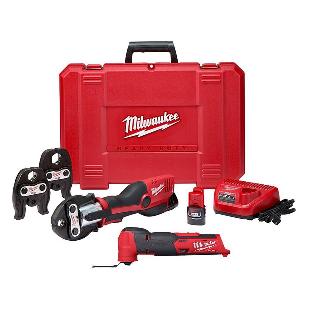 MW M12 12-Volt Lithium-Ion Force Logic Cordless Press Tool Kit and M12 Fuel Oscillating Multi-Tool (3-Jaws Included) 2473-22-2526-20