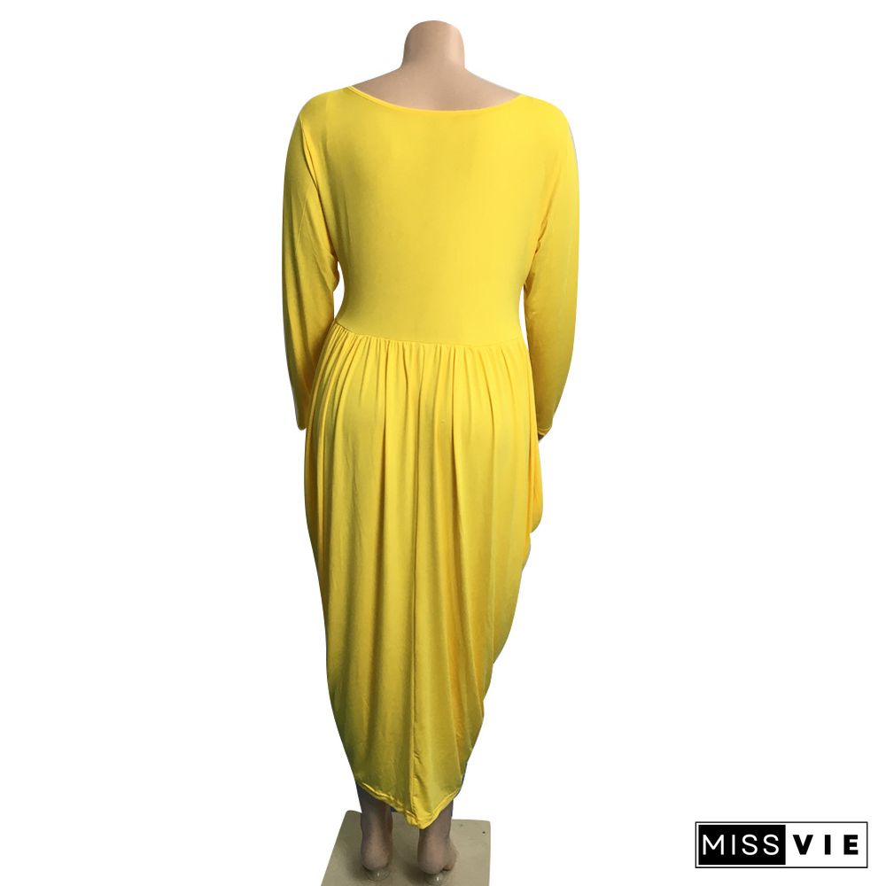 5XL Plus Size Long Sleeve V-neck Pleated Dresses