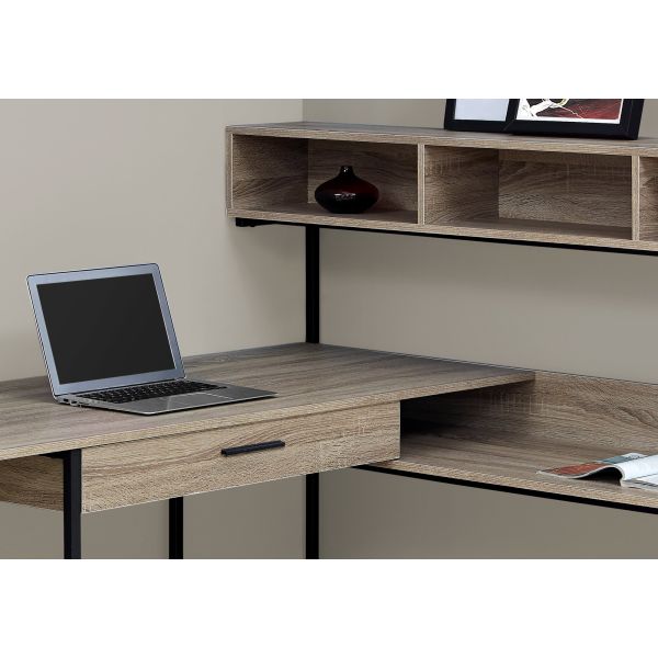 Computer Desk， Home Office， Corner， Storage Drawers， L Shape， Work， Laptop， Brown Laminate， Black Metal， Contemporary， Modern