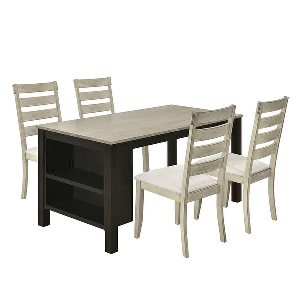 Farmhouse kitchen table set with 2 shelves and 4 upholstered dining chairs， 5 piece table set