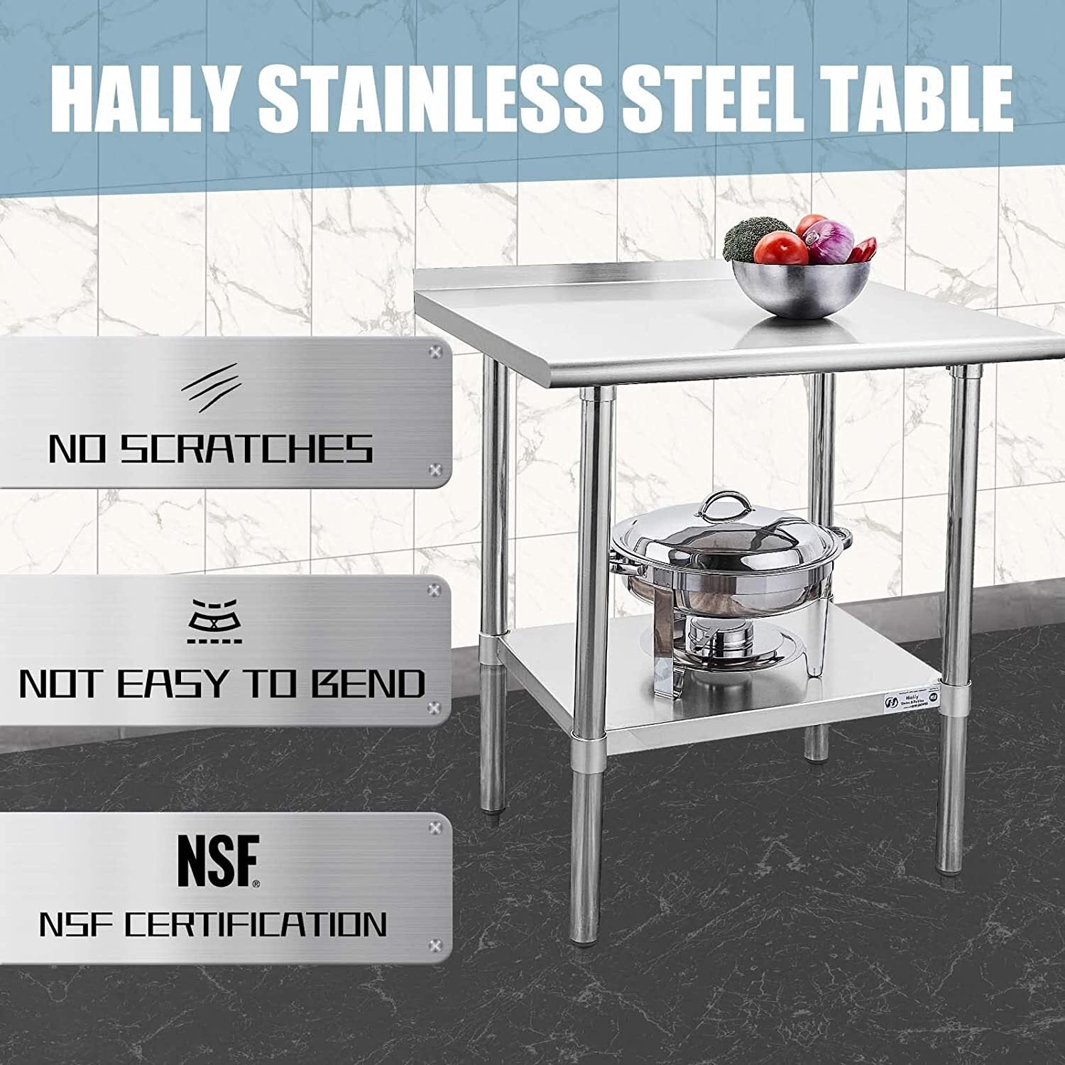 NSF Stainless Steel Commercial Kitchen Prep and Work Table w/Backsplash， Sboly Heavy Duty Prep Table with Undershelf and Galvanized Legs for Restaurant， Home and Hotel， 24 x 48