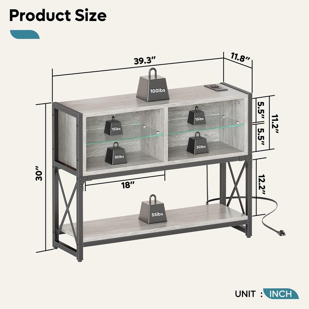 Industrial Console Table with LED Lights and Charging Station