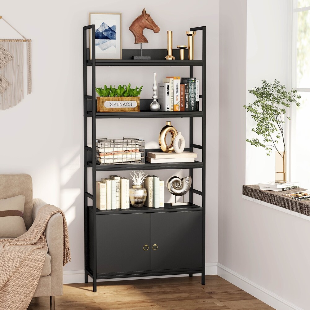 Bookcase with Door  Etagere Bookshelf with Storage Cabinet  Display Shelf