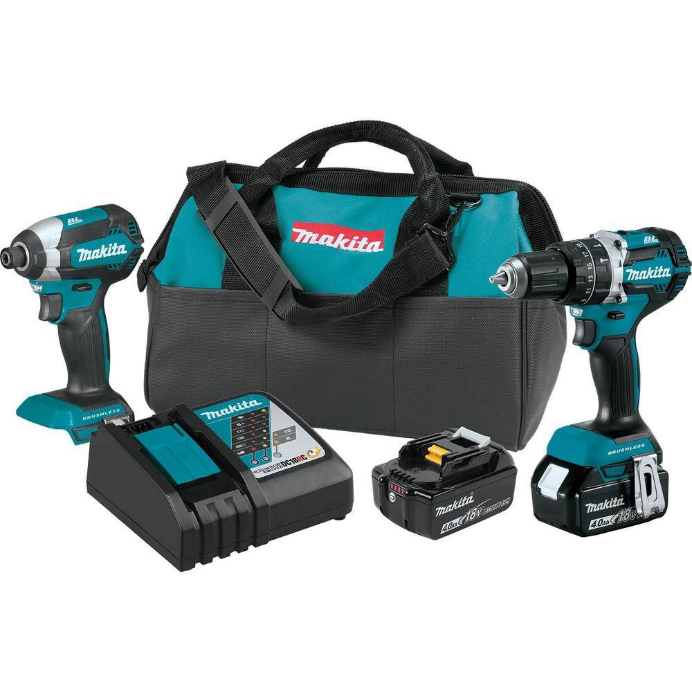 Makita 18V LXT Lithium-Ion Brushless Cordless Hammer Drill and Impact Driver Combo Kit (2-Tool) w (2) 4Ah Batteries Bag XT269M