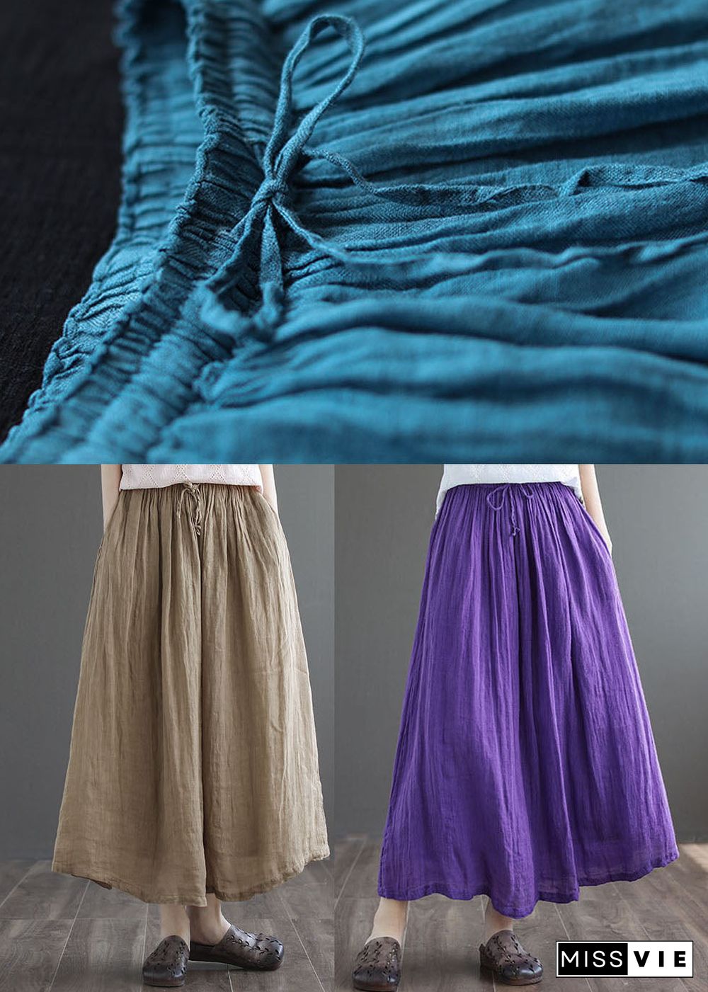 Simple Dark Blue Elastic Waist Double-deck Linen Skirts Summer