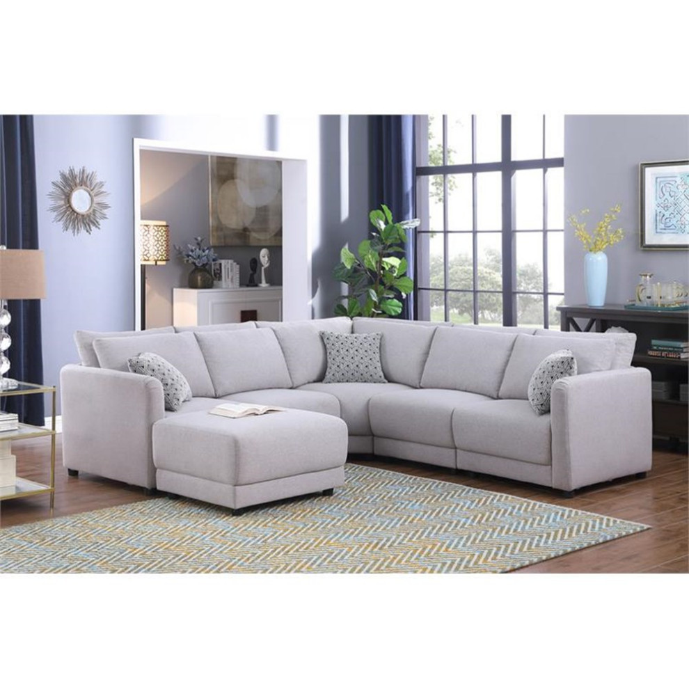 Maklaine Modern Fabric Reversible Sectional Sofa Ottoman Pillows in Gray   Transitional   Sectional Sofas   by Homesquare  Houzz