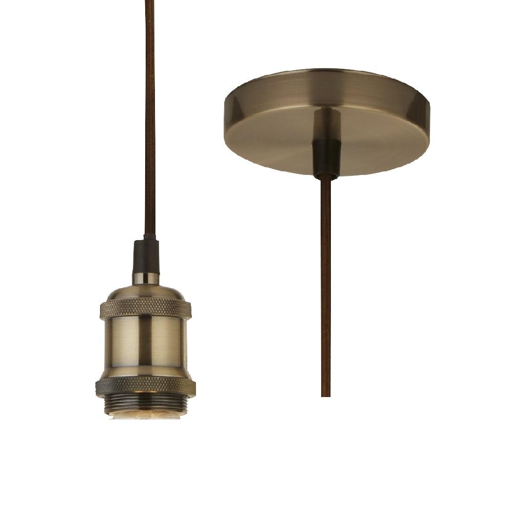 Searchlight 7461AB Antique Brass Vintage Fabric Round Cable Flex Suspension Ceiling Rose Pendant