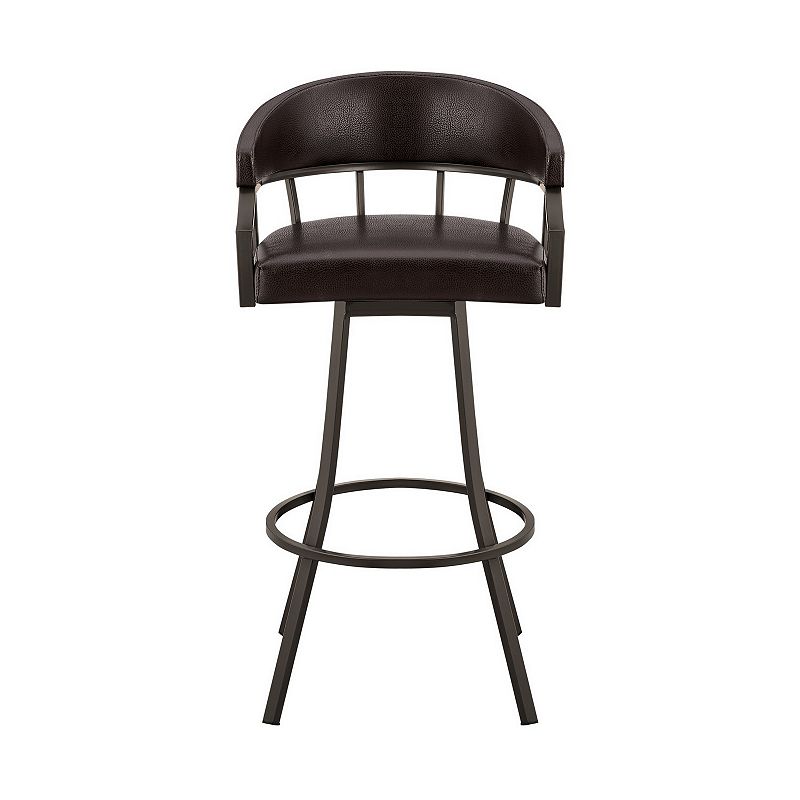 Cade 30 Inch Bar Stool， Cushioned Seat， Swivel Chair， Faux Leather， Brown