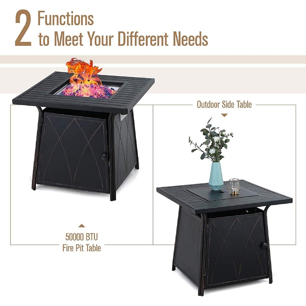 MFSTUDIO 5 Piece Outdoor Fire Pit Set  28 Inch Square Propane Gas Fire Pit Table with 4 Padded Textilene Fabric Swivel Chairs