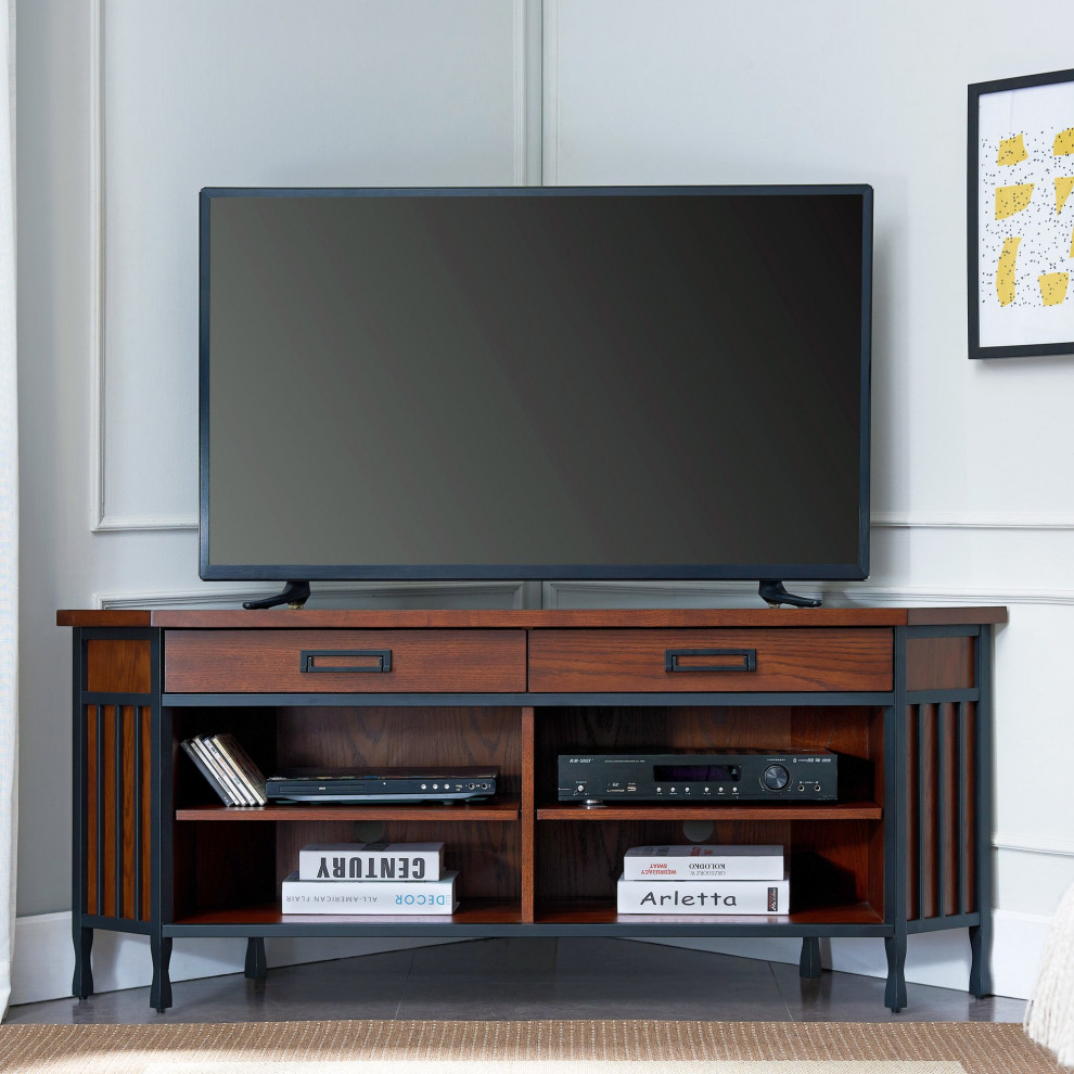 TV Stand  Corner Design With Metal Frame and Adjustable Shelves  Mission Oak   Traditional   Entertainment Centers And Tv Stands   by Declusia  Houzz