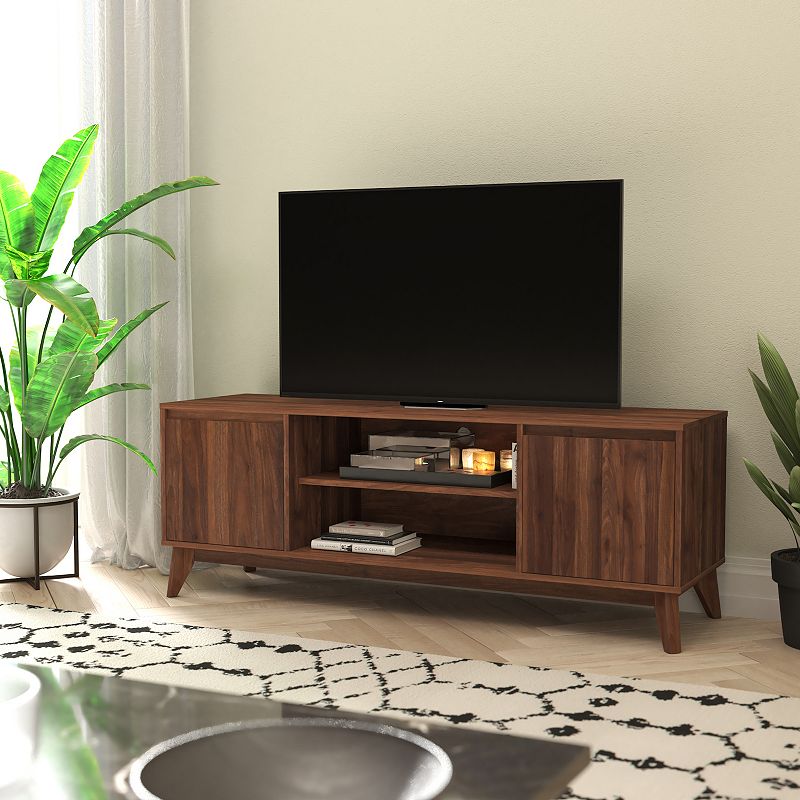 Emma and Oliver Beverly Mid-Century Modern Wooden TV Stand with Soft Close Doors， Shelf， Cord Management Hole and Tapered Legs