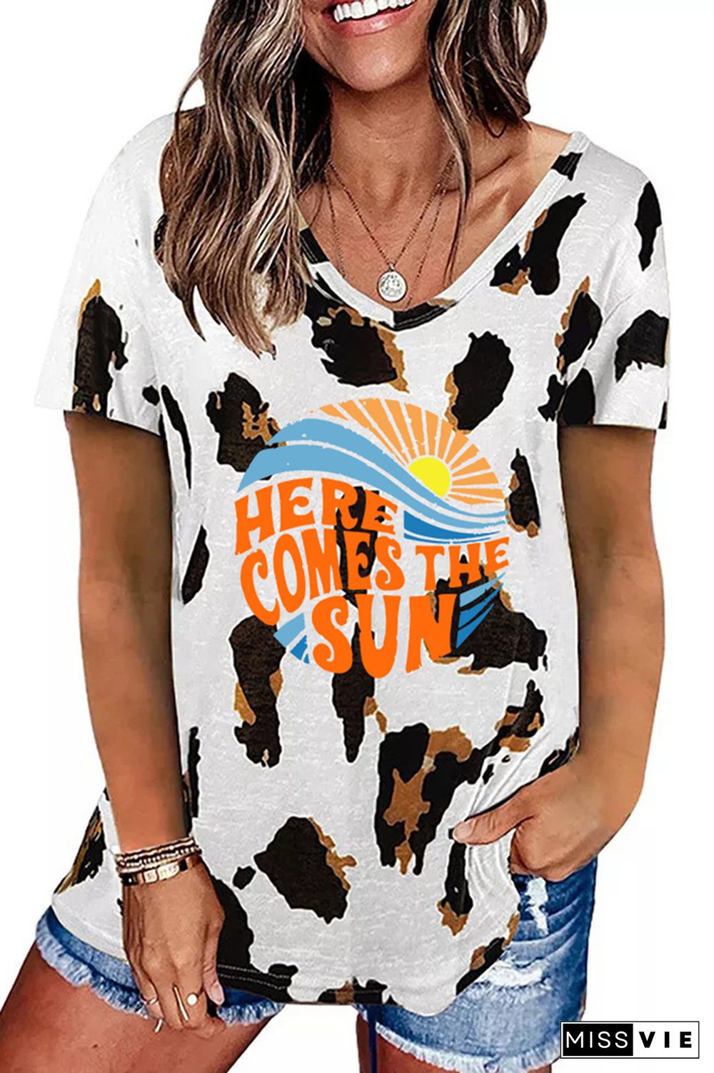 Here Comes the Sun Leopard Printed Casual Loose Short Sleeve T-shirt