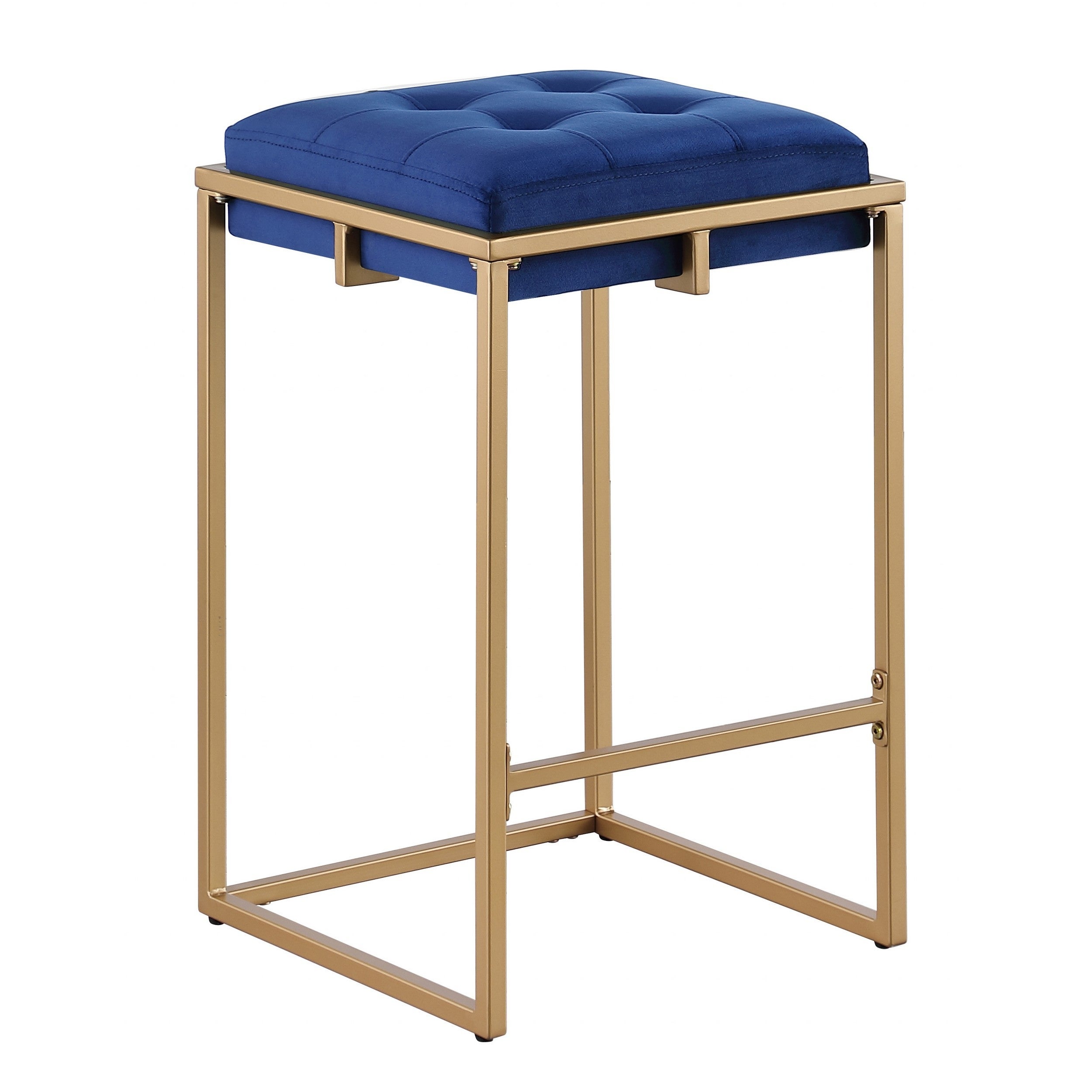 Dia 26 Inch Set of 2 Counter Stools， Blue Velvet Foam Seat， Gold Metal Base