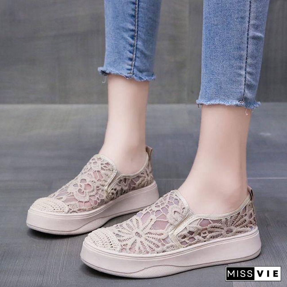 Women Shoes Fashion Summer Casual White Shoes Cutouts Lace Canvas Hollow Breathable Platform Flat Shoes Woman Sneakers