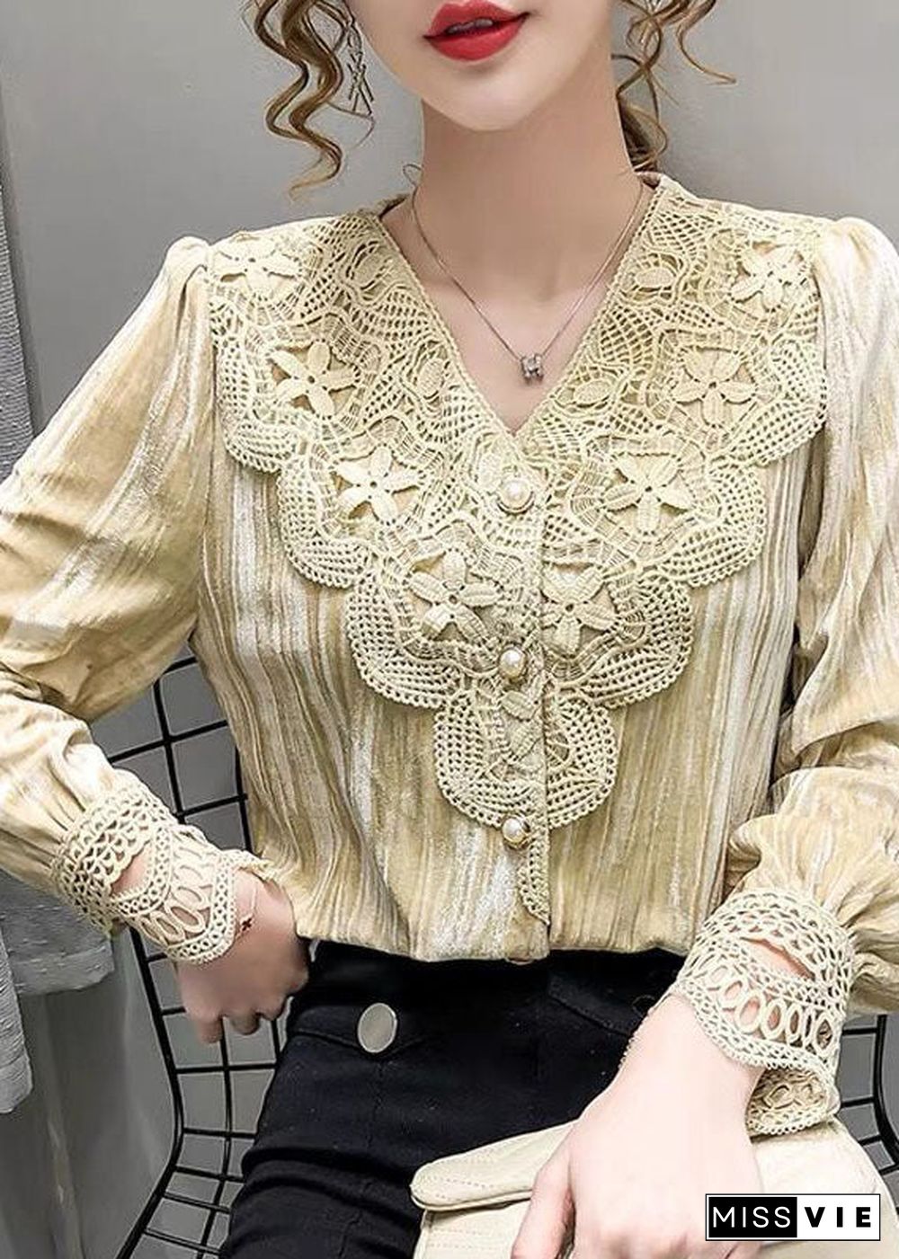 Italian Beige V Neck Patchwork Silk Velour Blouses Long Sleeve