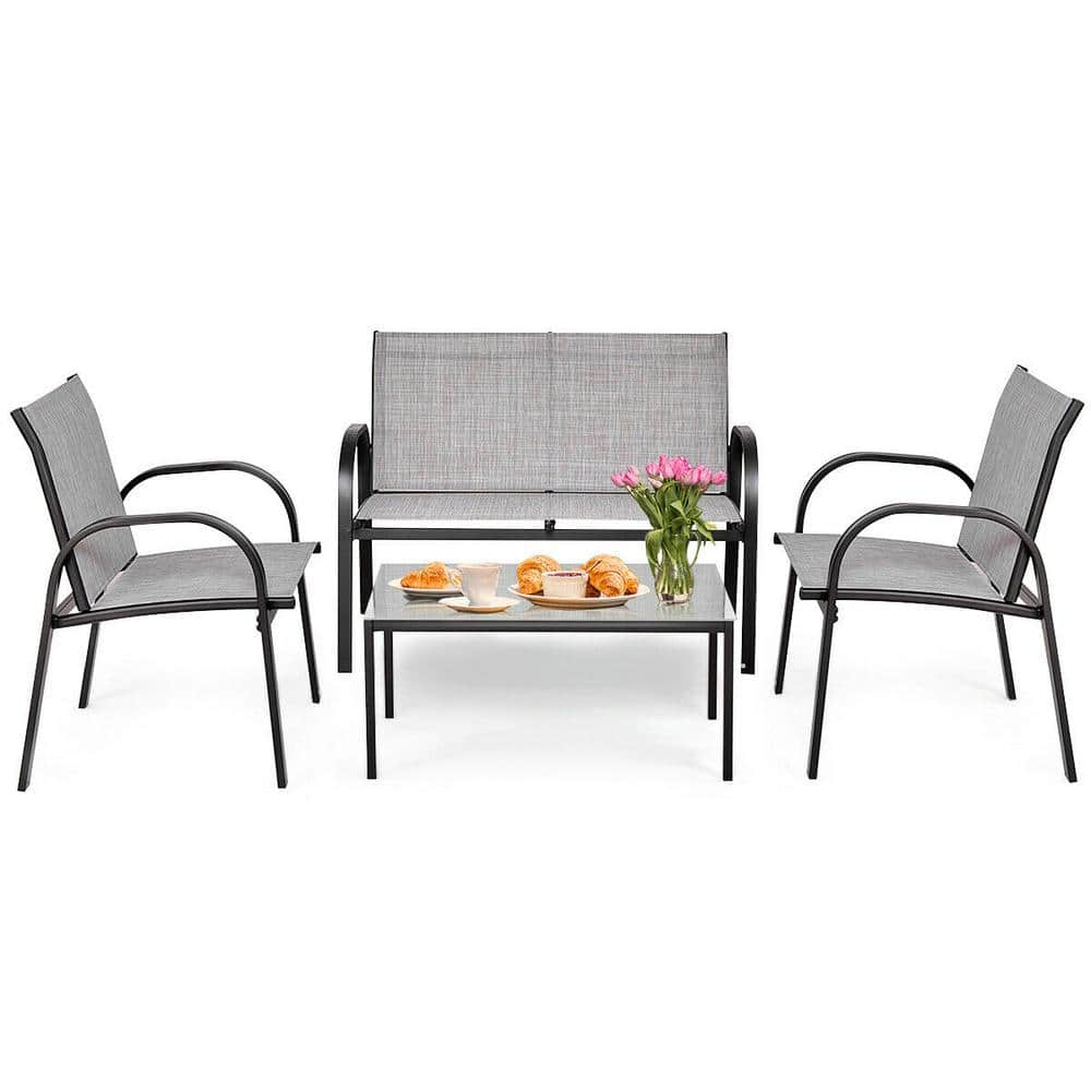 Costway Gray 4-Pieces Metal Frame Patio Conversation Furniture, Sofa Black Table, Garden Deck Seating Set HW55457GR