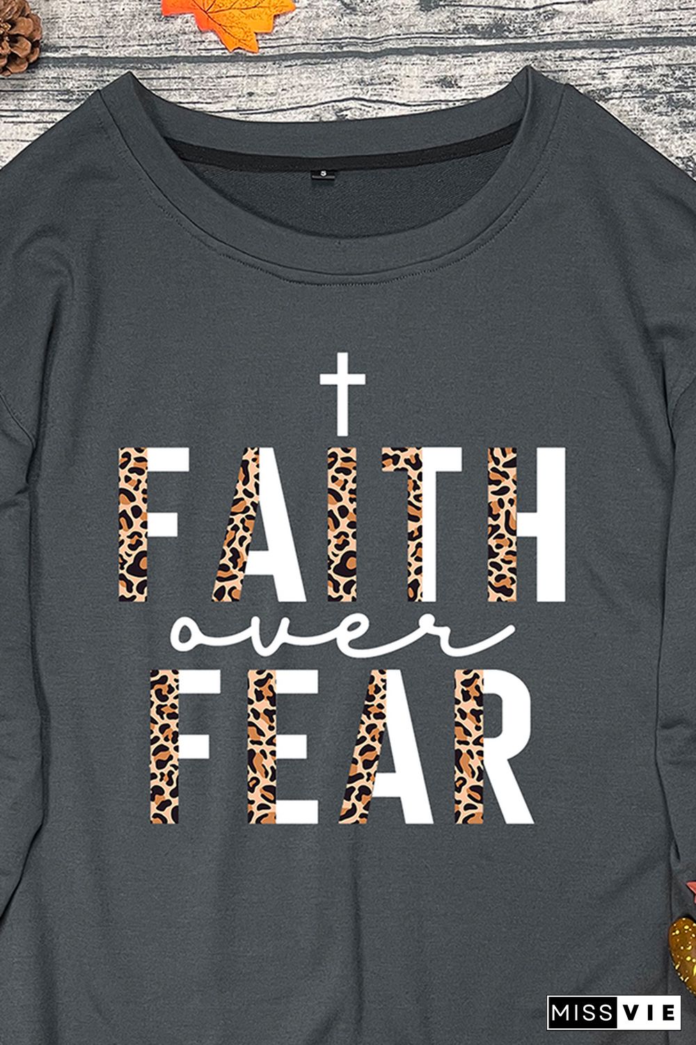 Faith Over Fear Half Leopard Black Print O-neck Long Sleeve Sweatshirts Women Wholesale