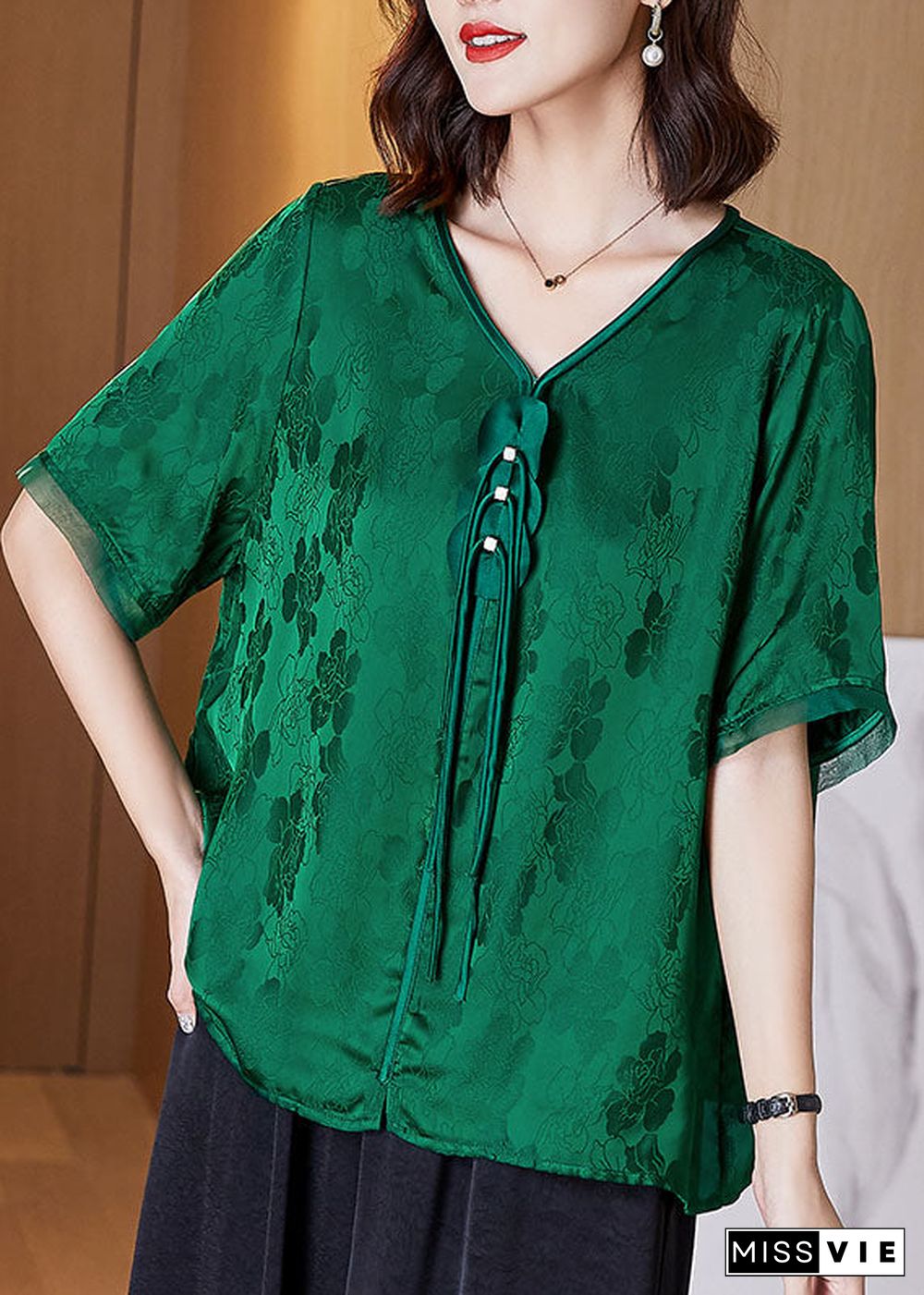 Unique Green V Neck Tassel Patchwork Jacquard Silk Shirt Short Sleeve