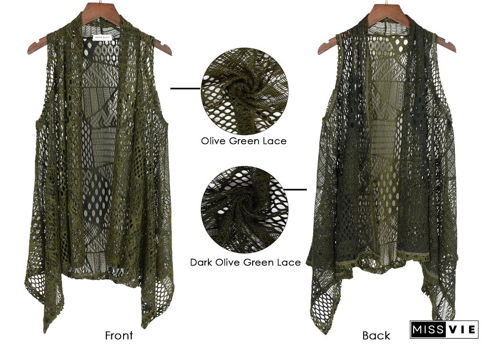 Plus Size Boho Open Front Crochet Cover Up Sleeveless Shawl Cardigan Vest, Olive Green