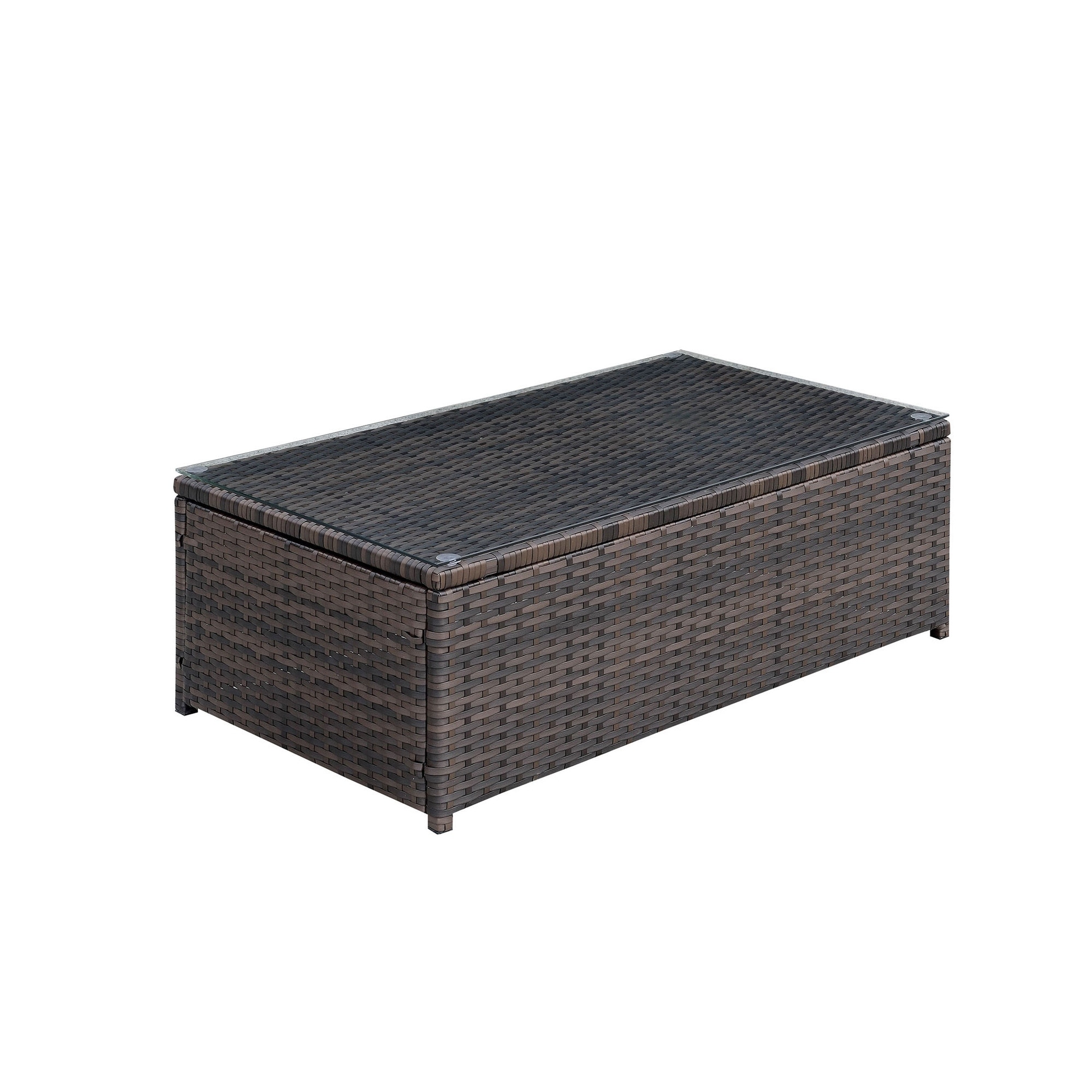 Rectangular Faux Rattan and Aluminum Coffee Table with Glass Top， Brown