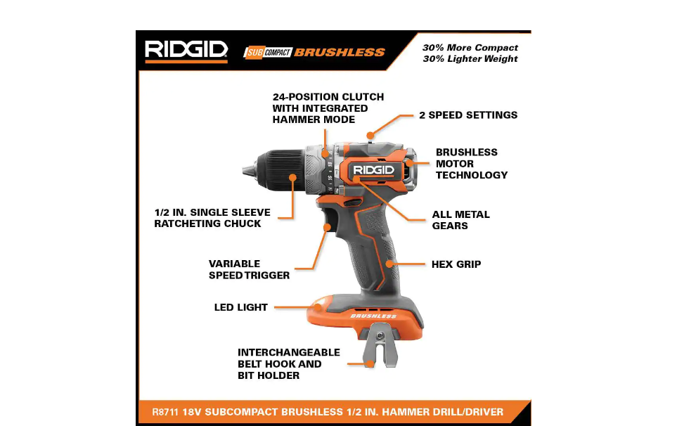 RIDGID R8711B 18V SubCompact Brushless 1/2 In. Hammer Drill/Driver (Tool Only)