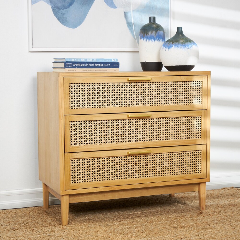 Light Brown Wood 3 Drawer Cabinet with Cane Front Drawers and Gold Handles