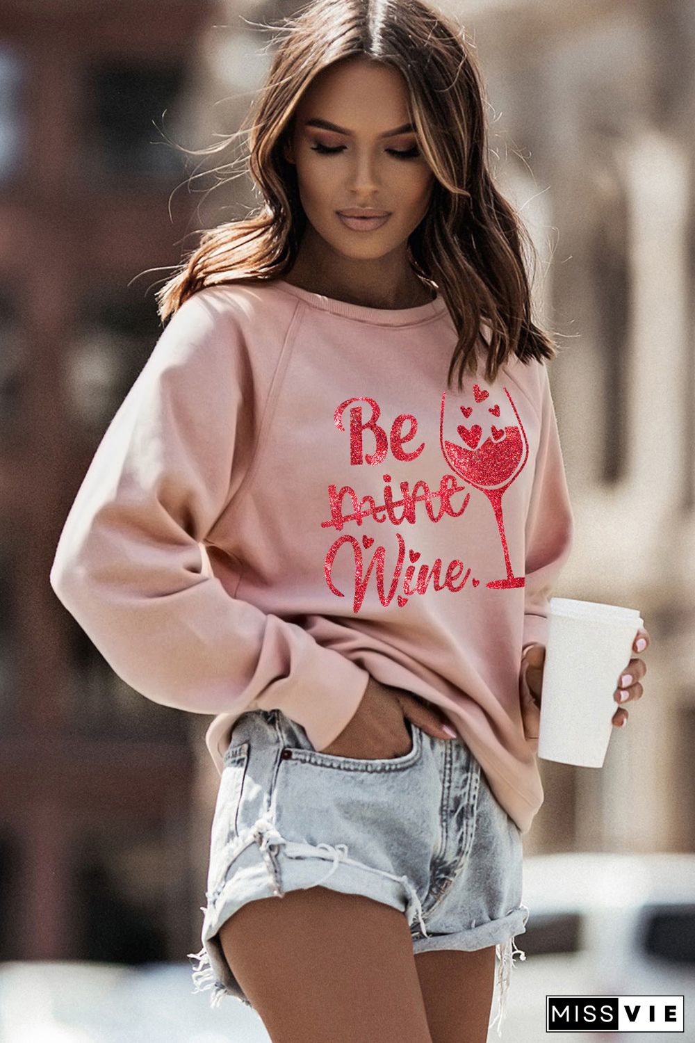 Pink Be Mine Wine Shining Graphic Print Sweatshirt