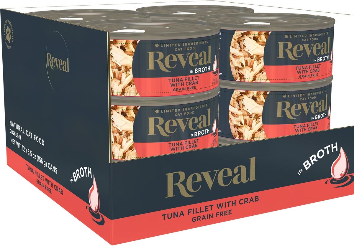 Reveal Natural Limited Ingredient Grain Free Tuna Fillet with Crab in Broth Wet Cat Food， 5.5oz， case of 12