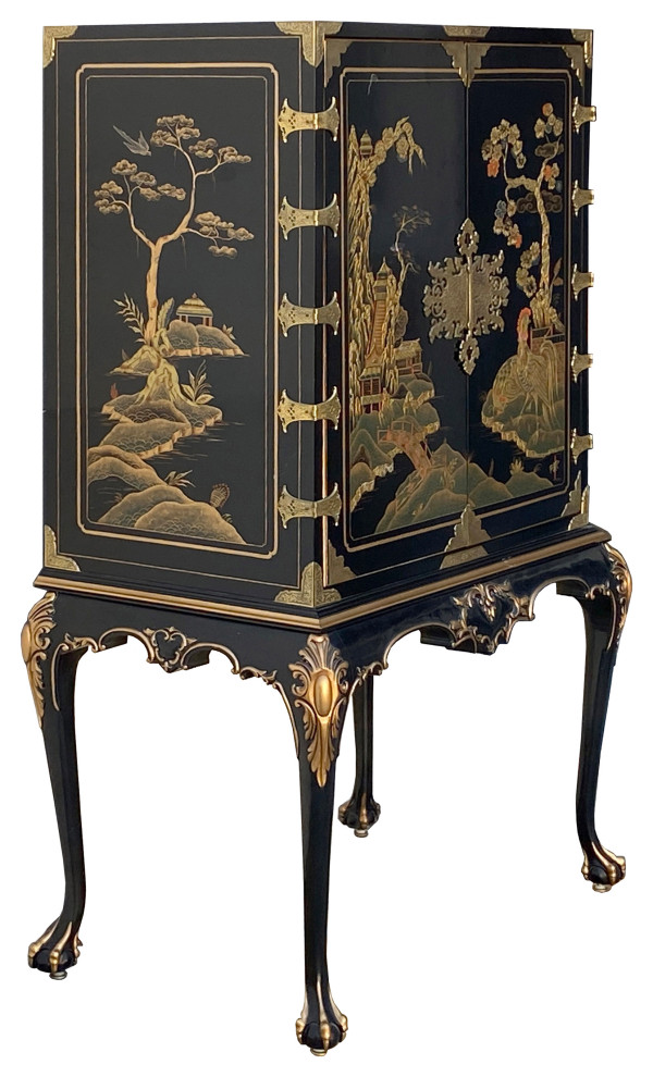 Vintage Chinoiserie Black And Gold Graphic Claw Legs Cabinet Hcs7263   Asian   Accent Chests And Cabinets   by Golden Lotus Antiques  Houzz