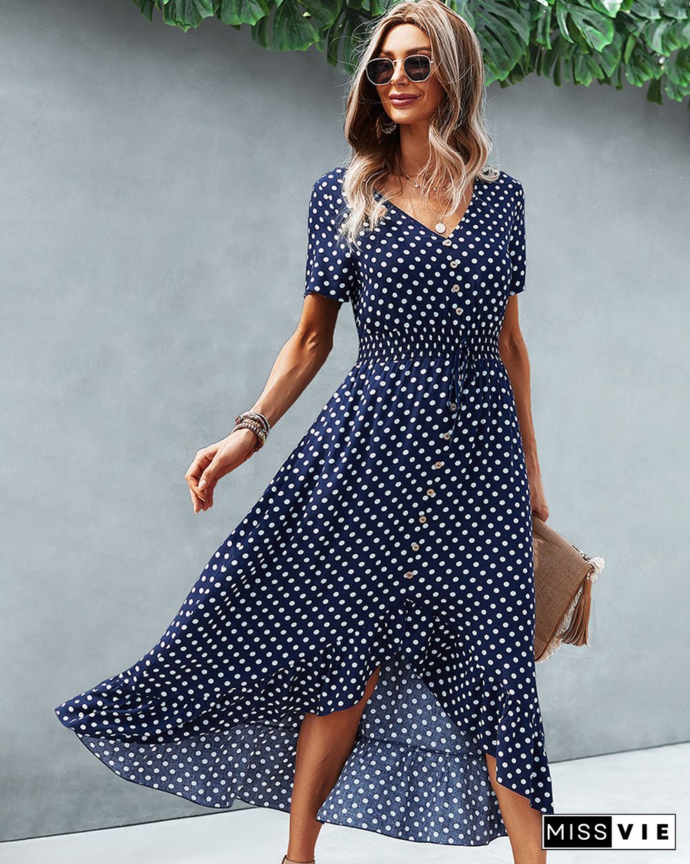 Button Down Polka Dot V Neck Short Sleeve High Low Maxi Dress