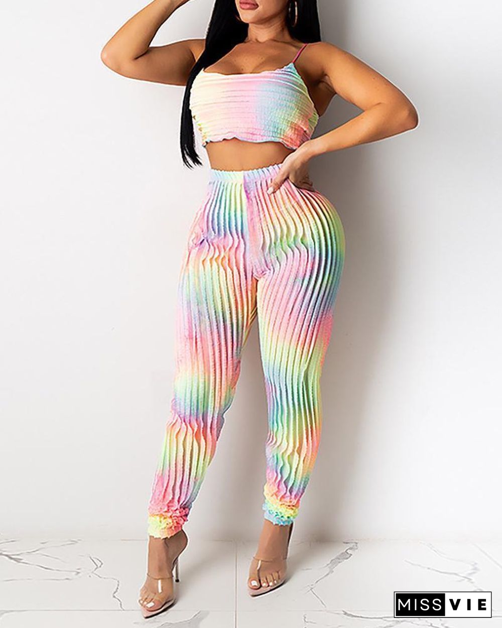 Tie Dye Print Ruched Top & Pants Set P15937