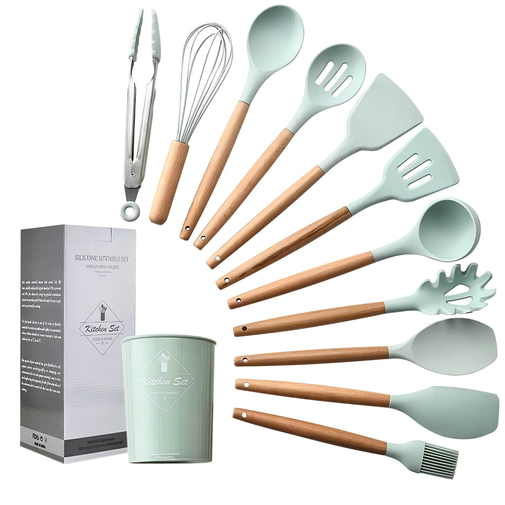 Kitchen Utensils Set 11Pcs Silicone Non-stick Barreled Cooking Utensils Set Silica Utensil Wooden Handle Kitchenware Set