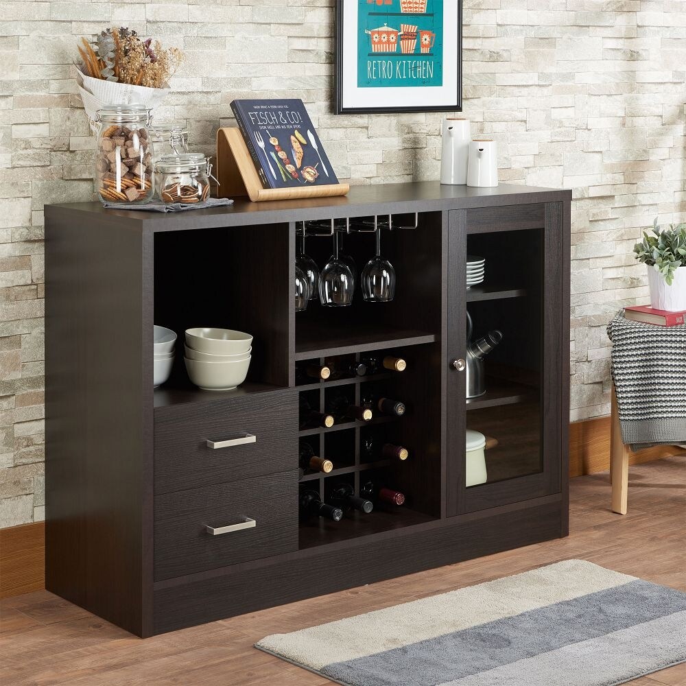 Sideboard Buffet Cabinet  Kitchen Storage Cabinet Modern 2 Door Buffet Cabinet with Open Open Storage and Wine Rack