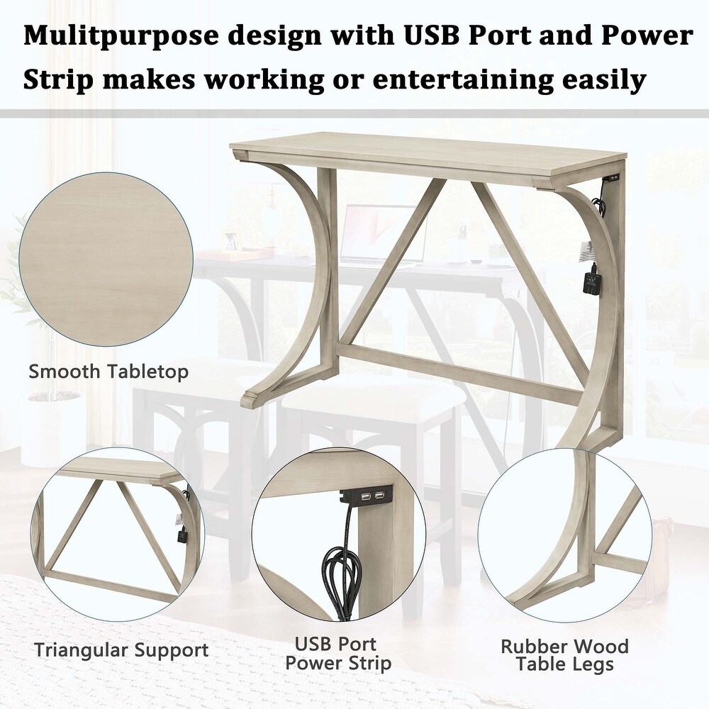 Farmhouse 3 Piece Counter Height Dining Table Set with USB Port and Upholstered Stools