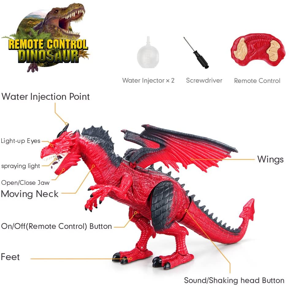 Contixo Remote Control Infrared RC Dragon Dinosaur Toy for Kids， Fire Breathing Smoke Electronic Lights Sounds Eyes Touch Sensors Walking Wing Flipping Kids Toys Gifts Age 3+， DR3