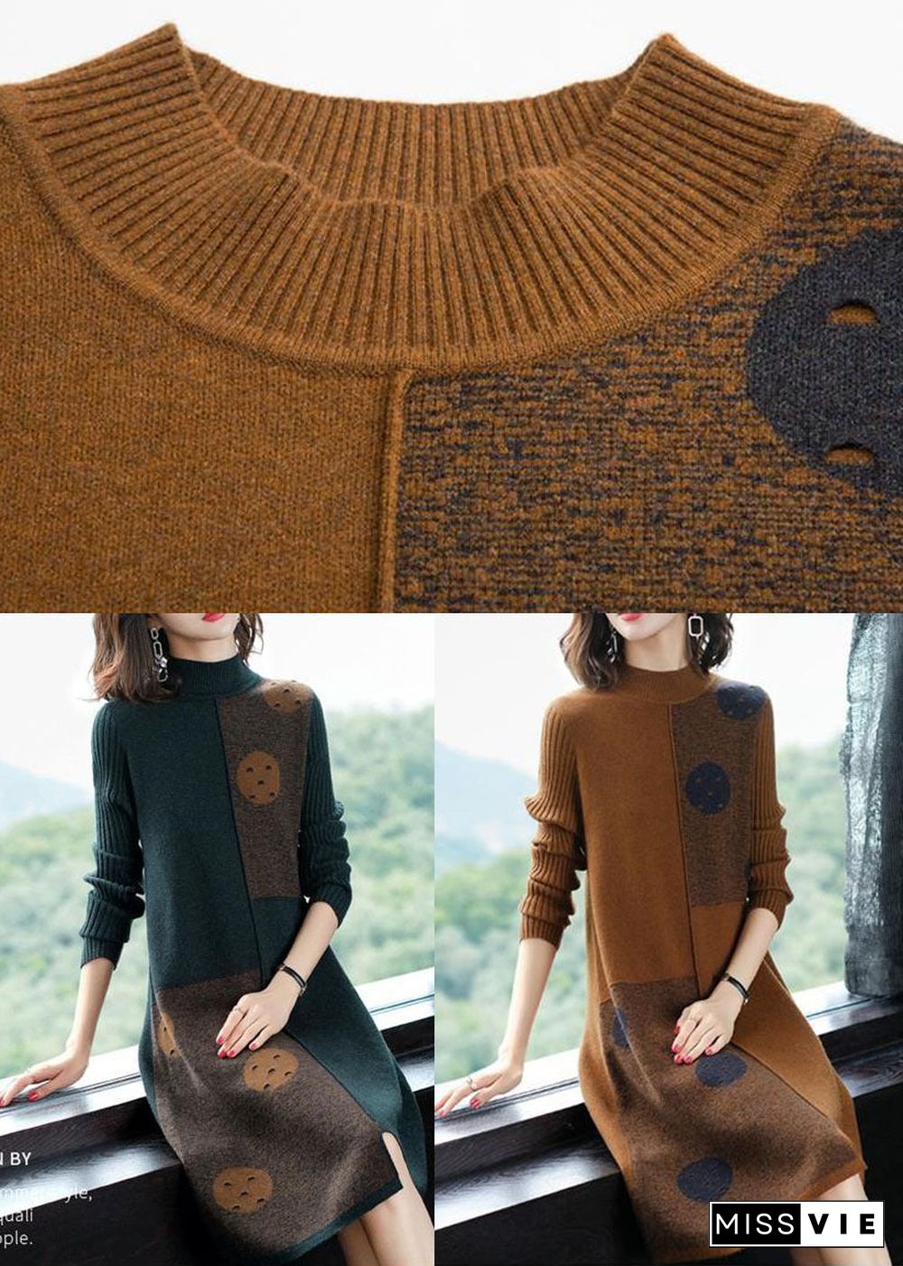 Fashion Chocolate High Neck Asymmetrical Design Knit Sweater Dress Long Sleeve