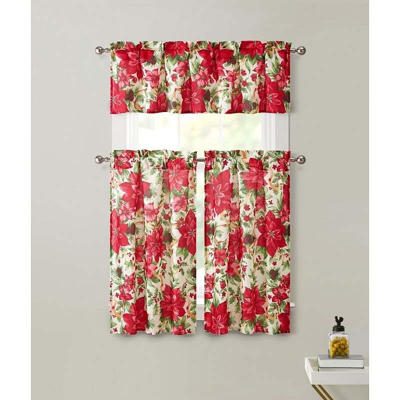 Kate Aurora Christmas Ribbon Complete Semi Sheer Kitchen Curtain Tier and Valance Set