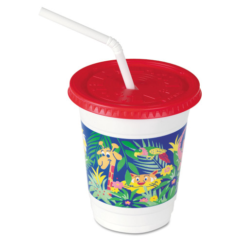 Dart Plastic Kids' Cups with Lids/Straws， 12 oz， Jungle Print (CC12CJ5145)