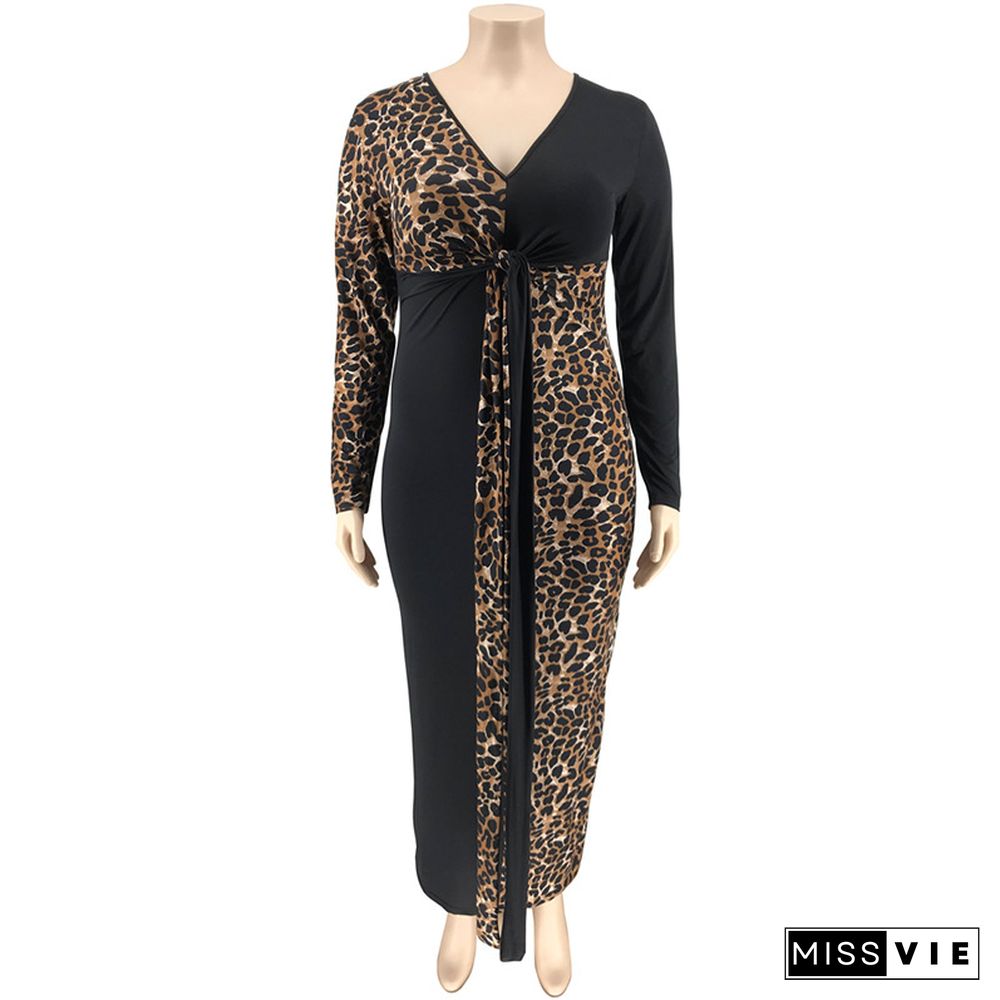 Sexy Deep V Leopard Print Patchwork Plus Size Maxi Dress