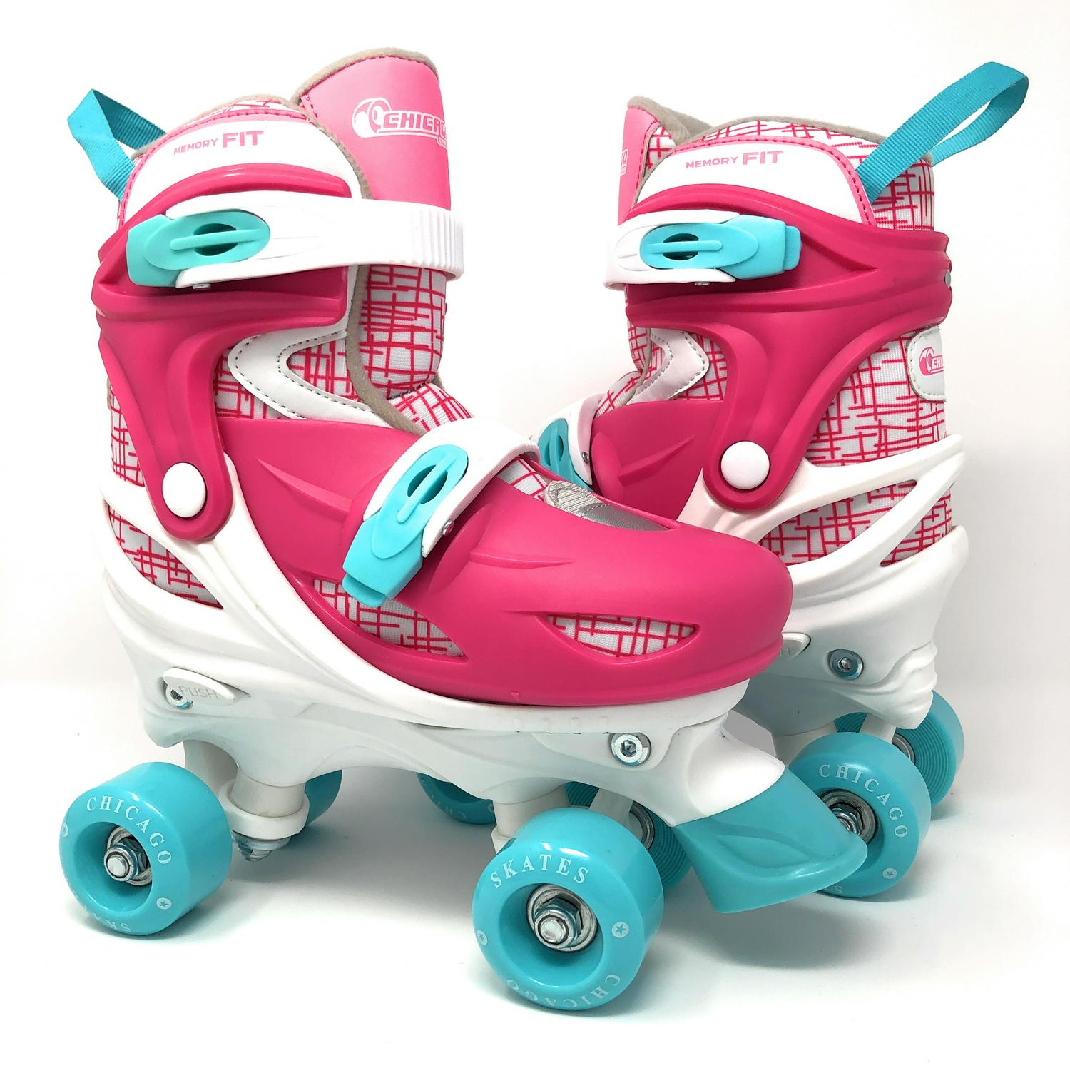 Chicago Skates Adjustable Quad Roller Skate Combo Set Pink/White/Teal a Skates， Helmet， Knee Pads， And Wrist Guards  Size Medium(1-4)